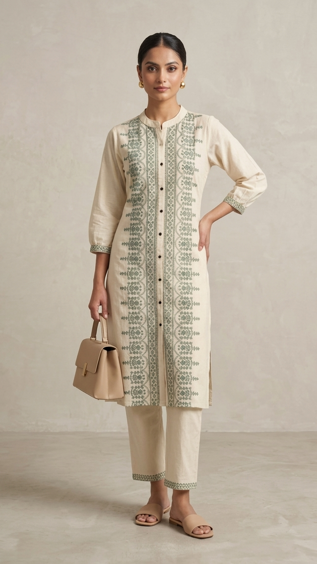 Woman wearing a beige embroidered kurta with pants against a plain background