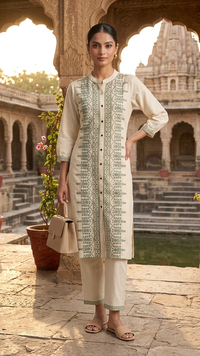 Woman in traditional outfit standing in an architectural setting with plants and a pool.