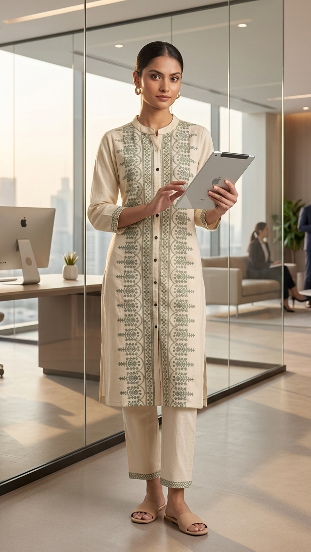 Woman in a modern office holding a tablet