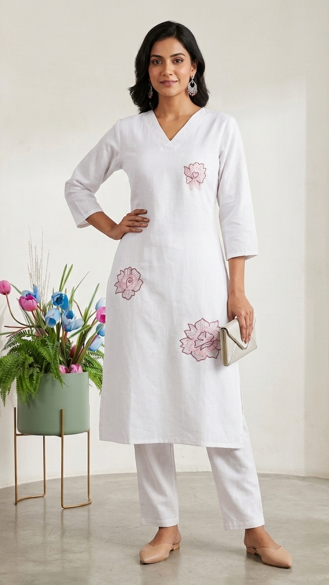 Woman wearing a white kurta with floral embroidery in a minimalistic setting