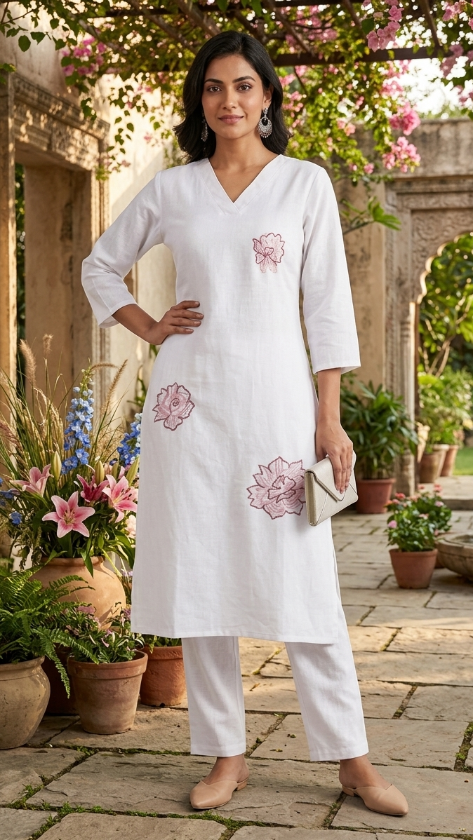 Woman in a white outfit with floral embroidery standing in a garden setting.