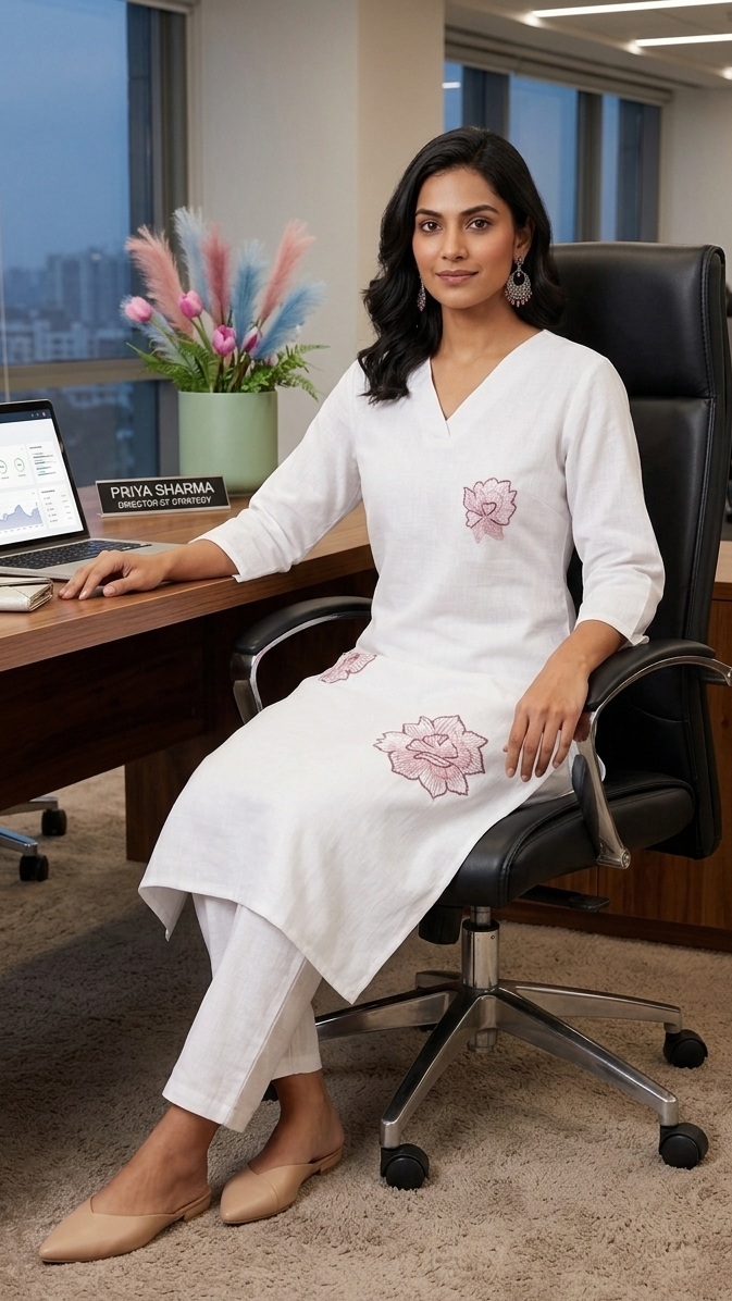 Woman sitting at a desk in an office setting with a laptop.