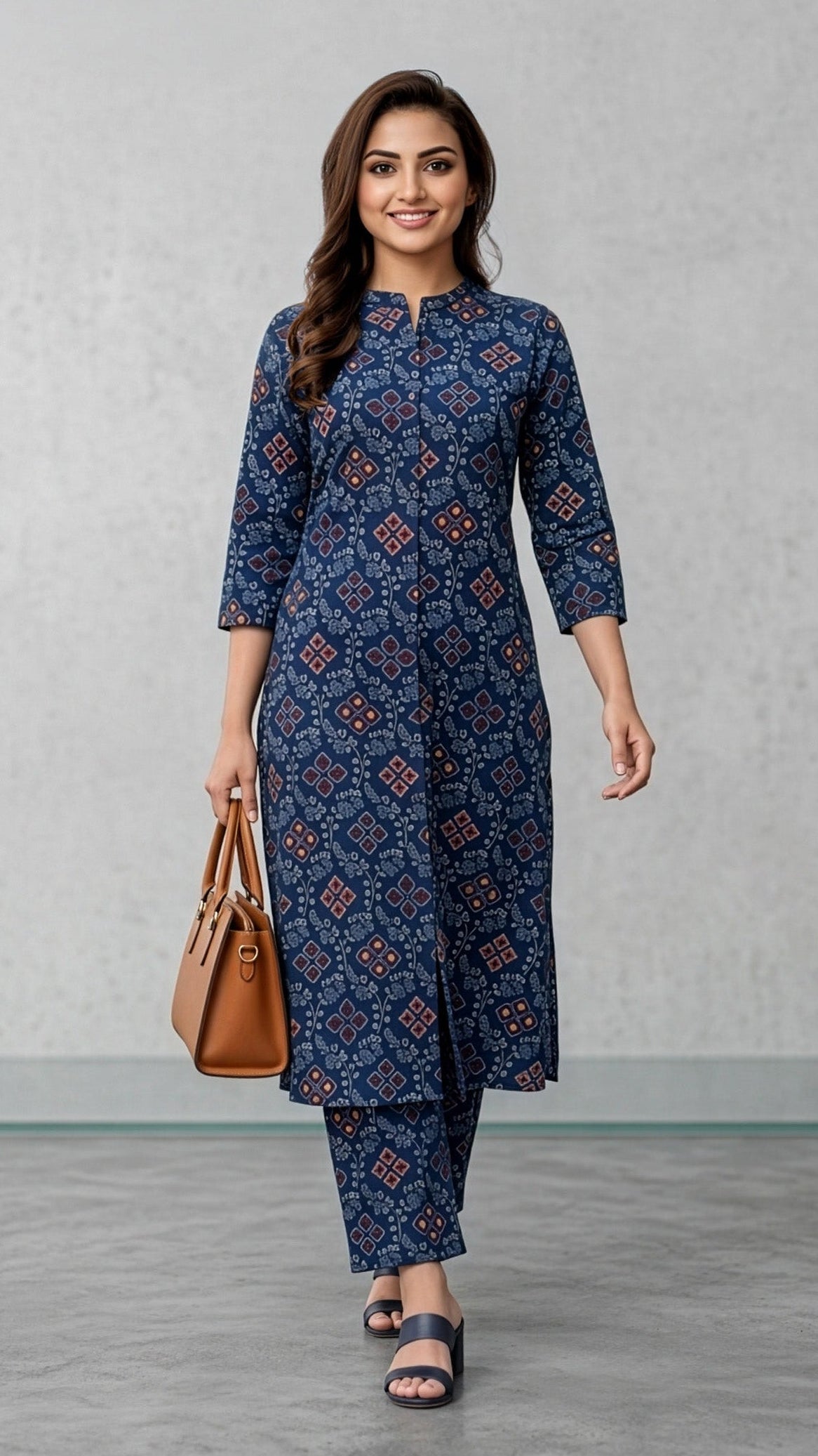 Woman wearing a blue patterned kurta with matching pants, holding a brown handbag indoors.