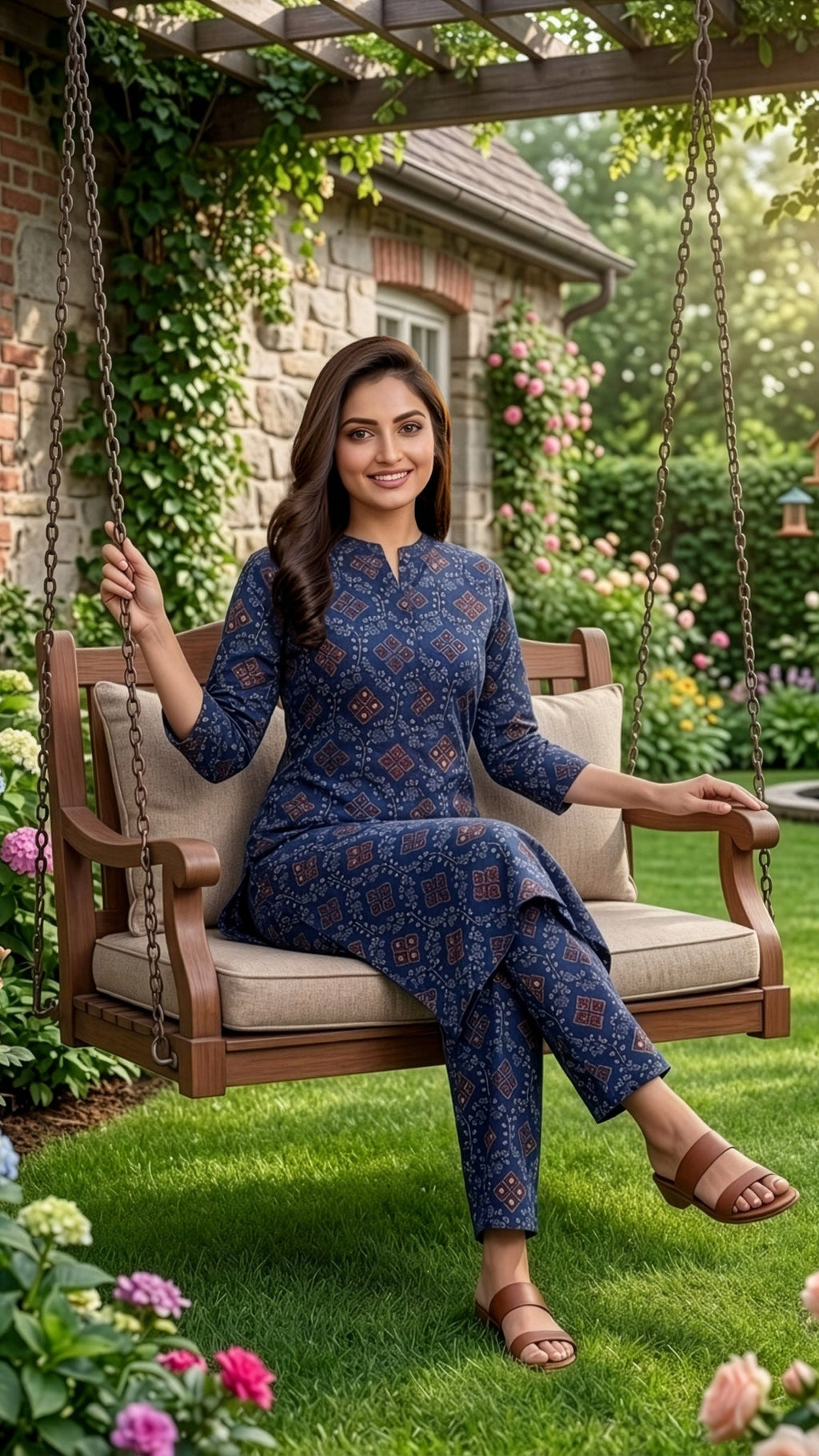 Woman in navy blue kurti plazzo set sitting on a swing in a garden, showcasing ethnic style and elegance.