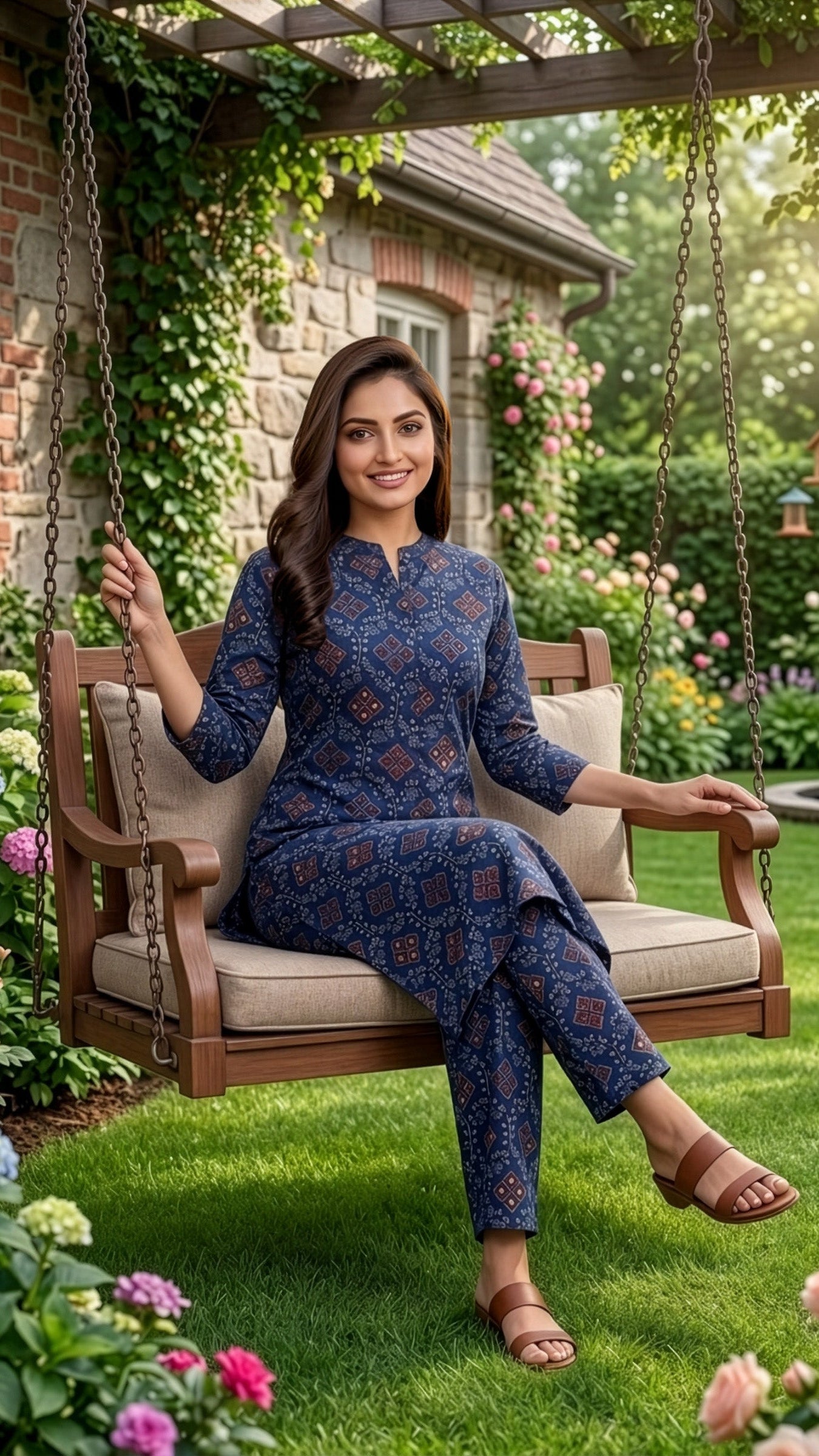 Woman in a blue patterned outfit sitting on a swing in a garden.