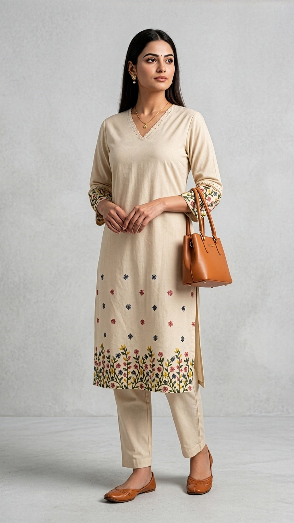 Kurti set 2 piece featuring off white kurti and pant with floral embroidery, perfect for ethnic wear collection.