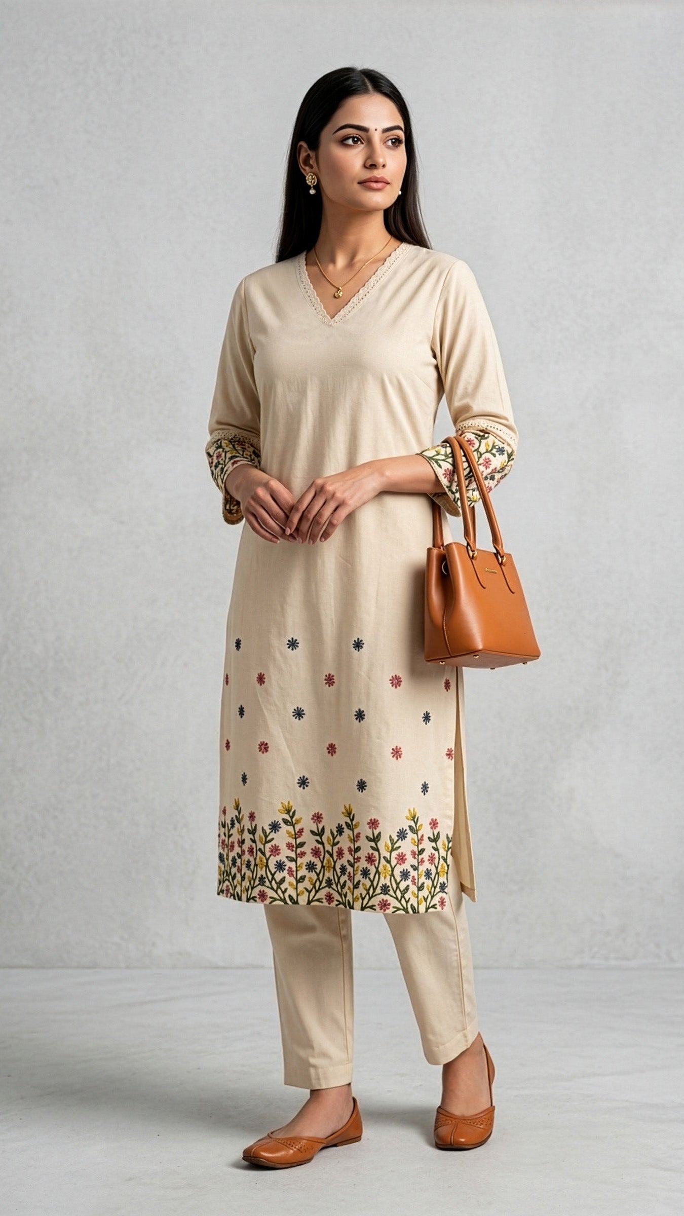 Woman wearing a beige kurta with floral patterns and holding a brown handbag against a gray background