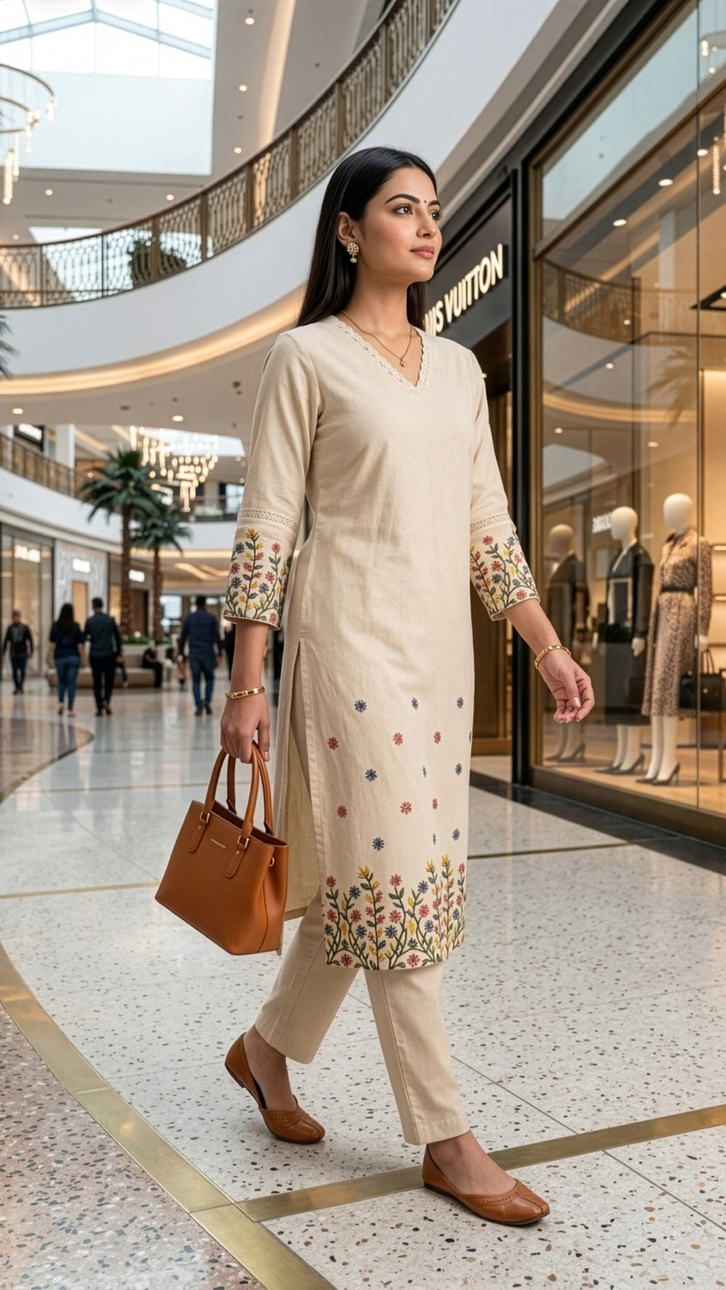 Kurti set 2 piece worn by a woman walking in a mall, showcasing off-white elegance and floral embroidery.