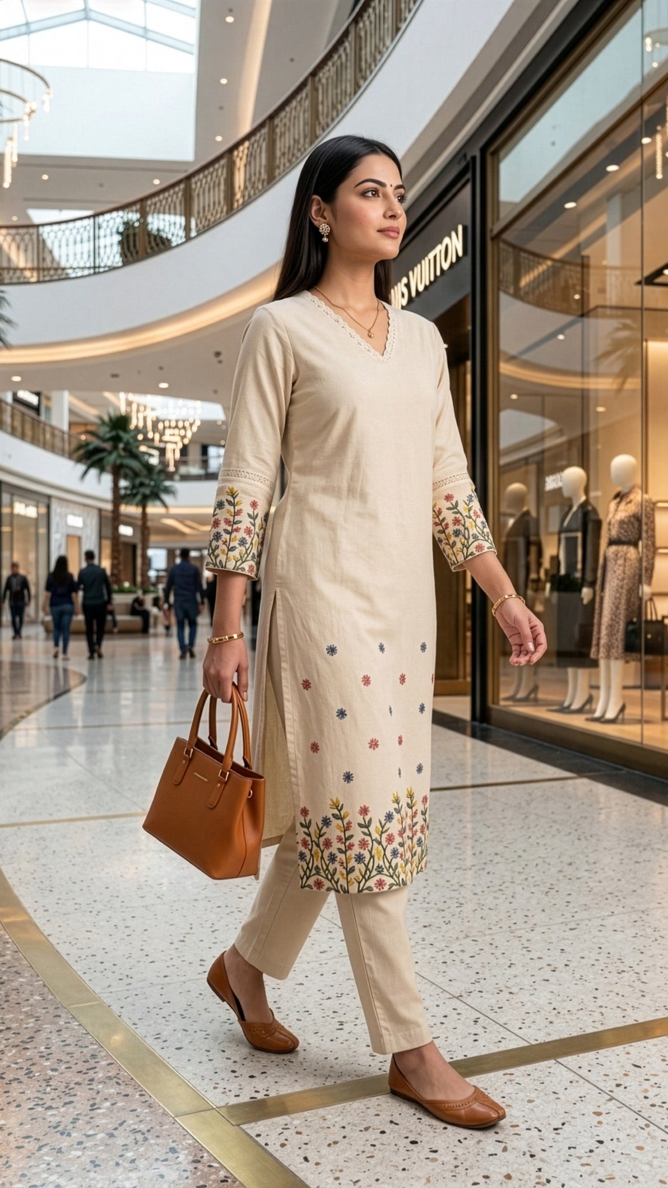 Woman in a beige kurta with floral patterns walking in a modern mall.