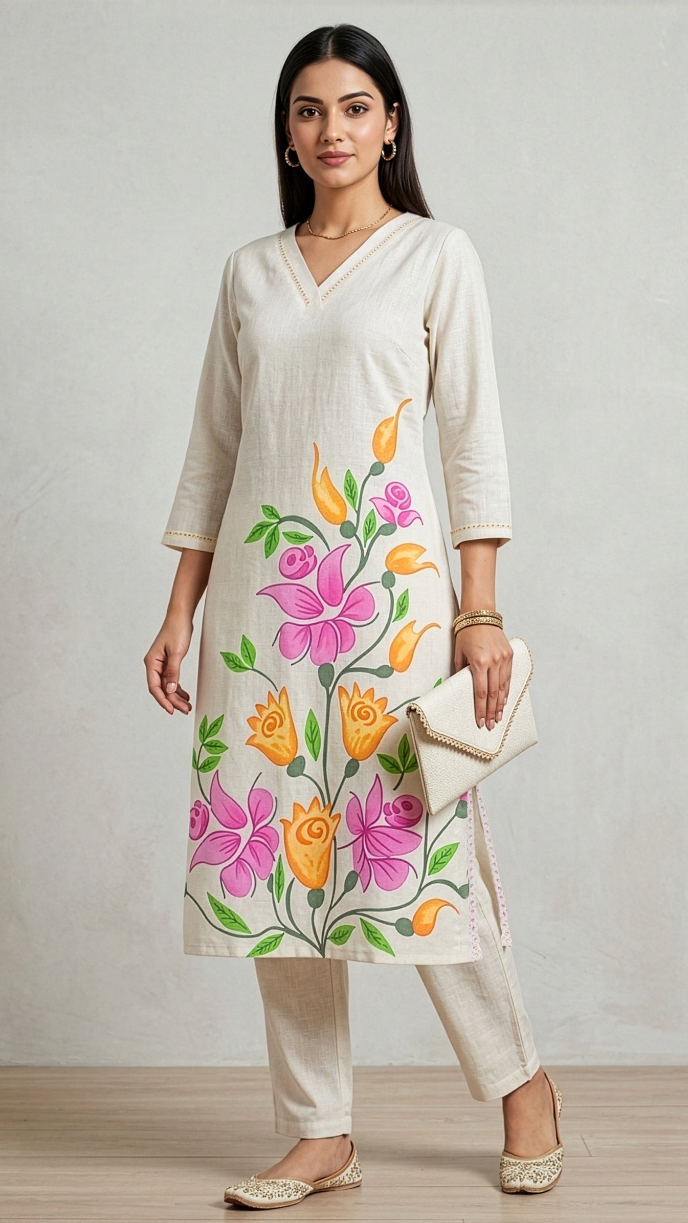Woman wearing a cream kurta with floral patterns on a plain background