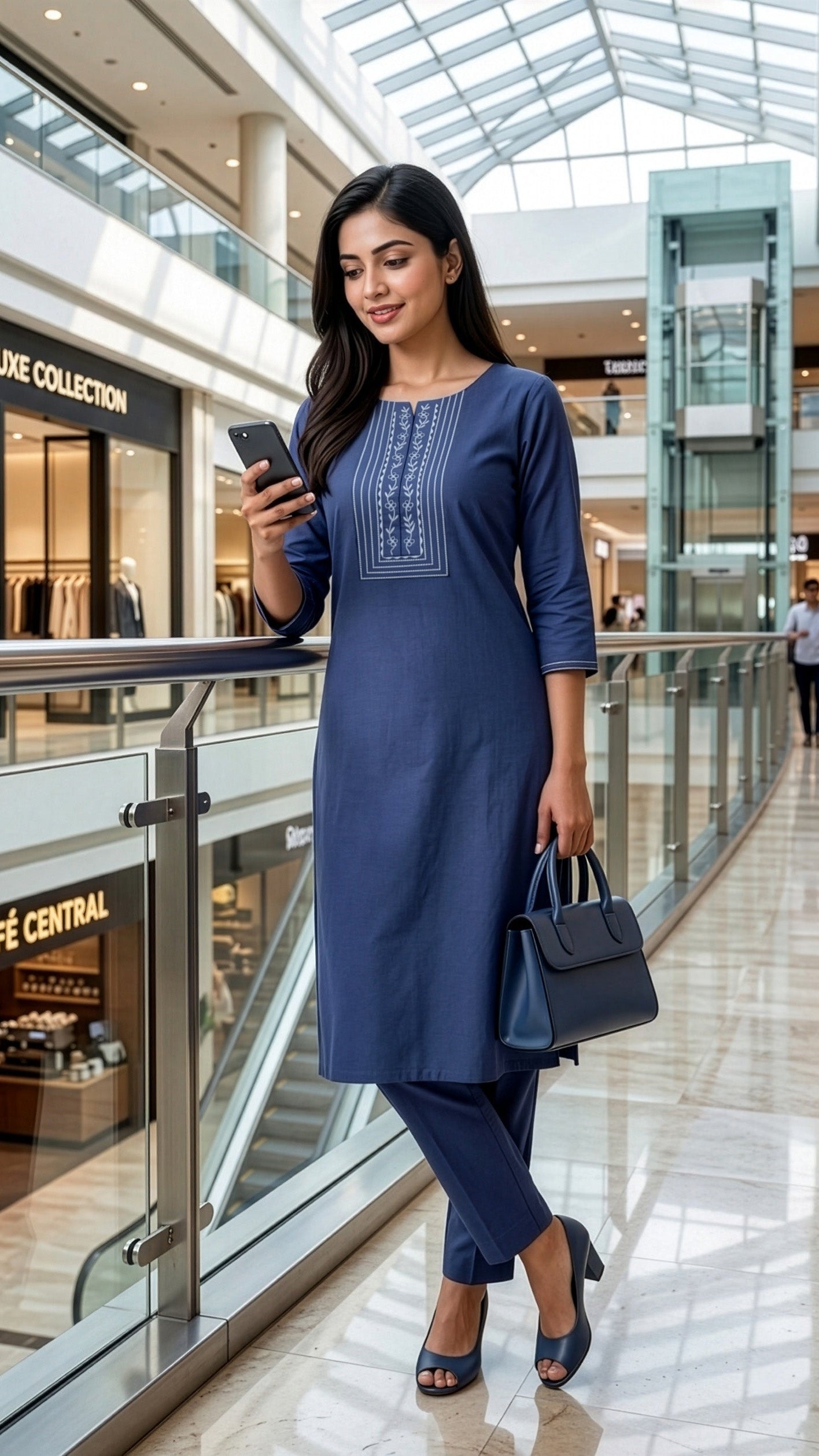 Woman in a blue outfit standing in a shopping mall, looking at her phone.