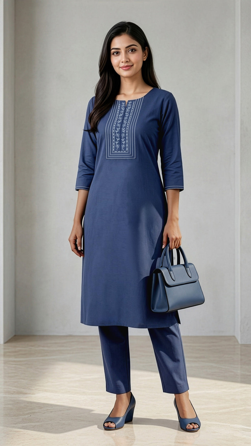 A model wearing a beautiful kurti and pant set in Optimum Blue, showcasing traditional elegance and modern comfort.