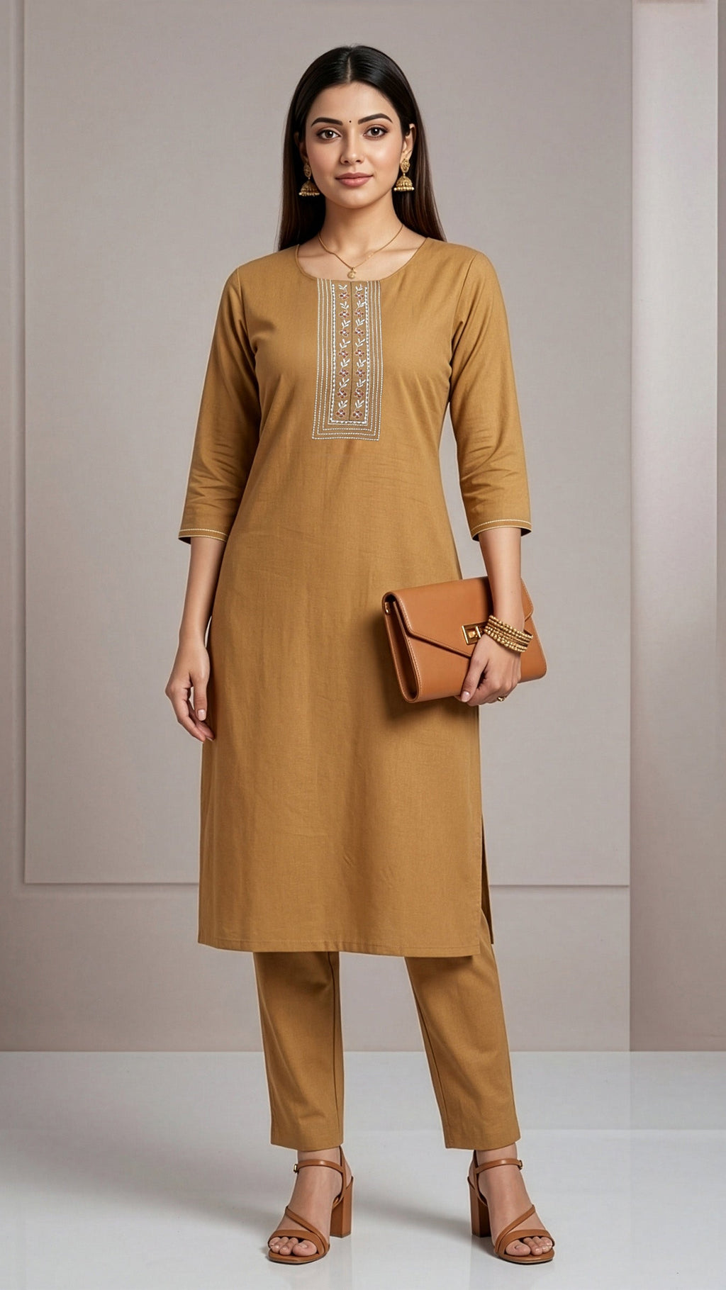 Kurti and pant set in brown featuring detailed embroidery, styled with a handbag and sandals, perfect for casual outings.