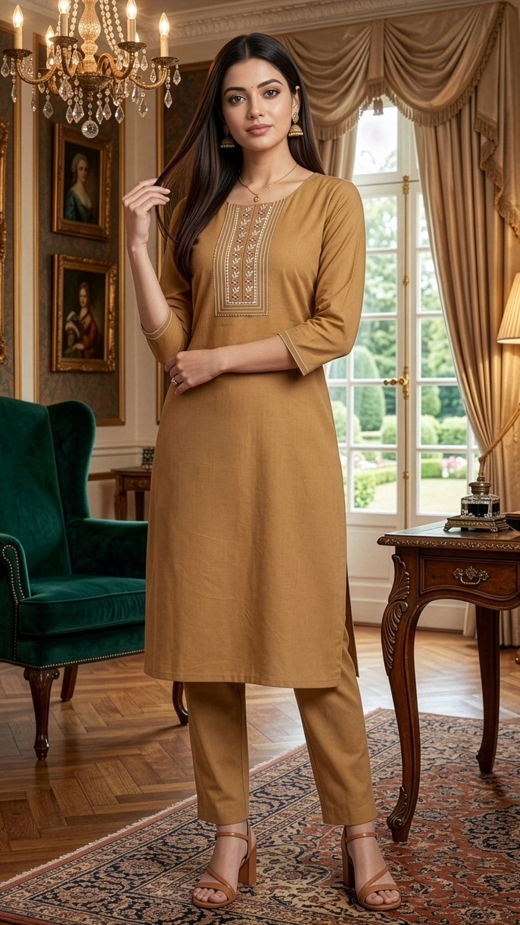 kurti and pant set model showcasing a brown 2-piece kurti set by REET by Bunaiganj in an elegant indoor setting.