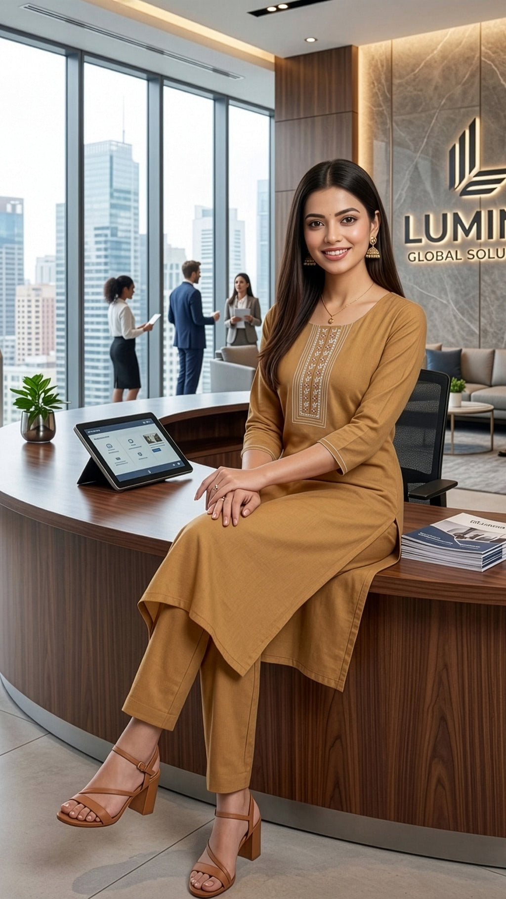 Kurti and Pant Set featuring a woman in brown kurti and matching pants, ideal for professional settings.