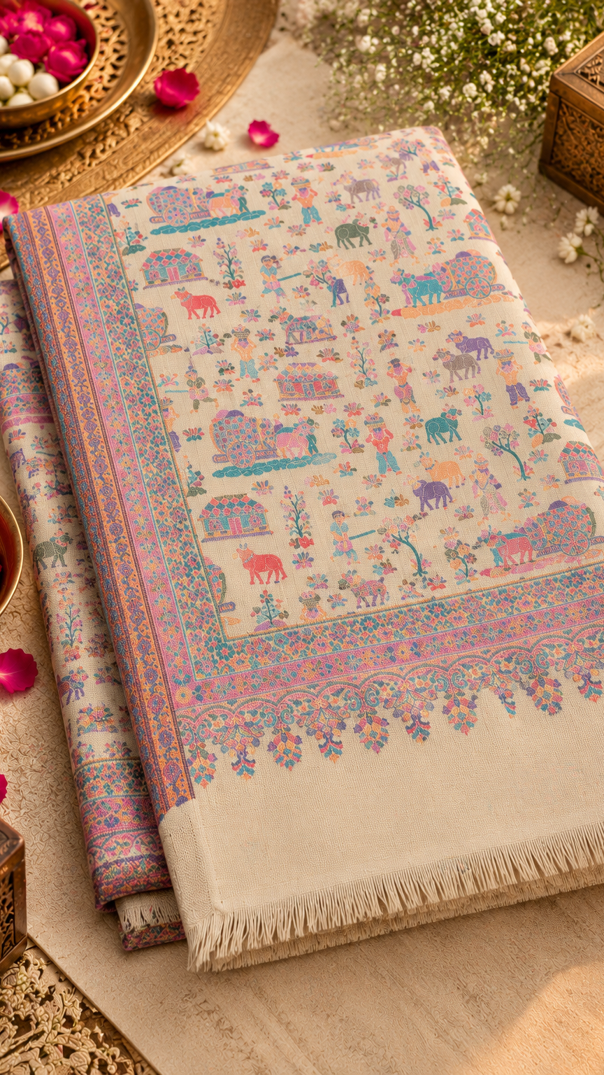 Traditional, Village Design Stole, Soft, Warm and Light Weight | Beige | REET by Bunaiganj