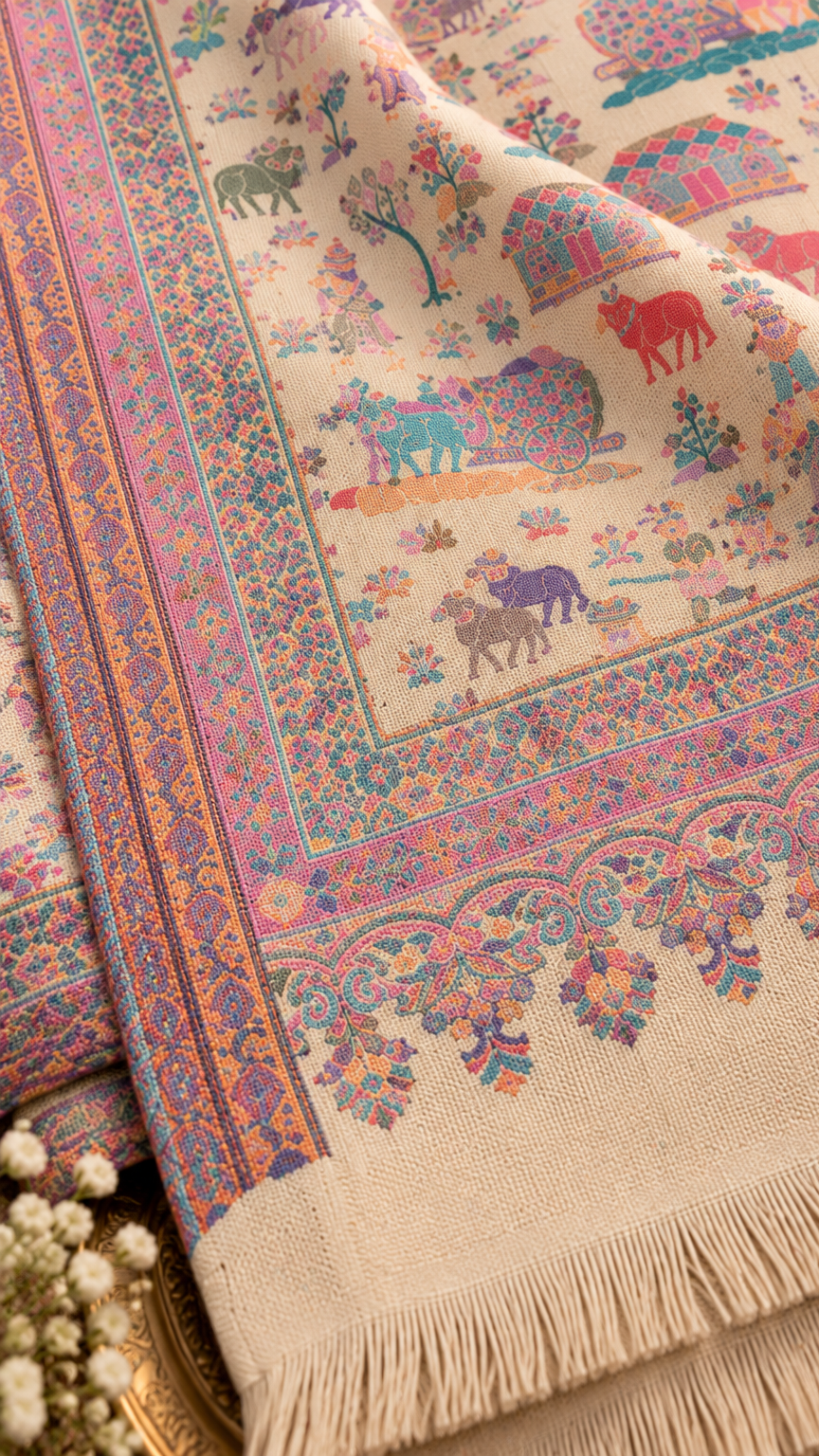 Traditional, Village Design Stole, Soft, Warm and Light Weight | Beige | REET by Bunaiganj