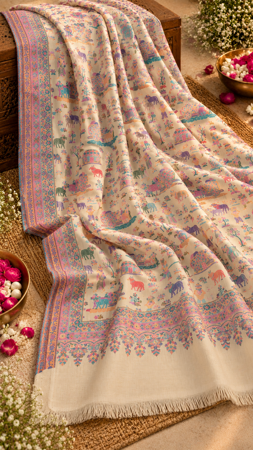 Traditional, Village Design Stole, Soft, Warm and Light Weight | Beige | REET by Bunaiganj
