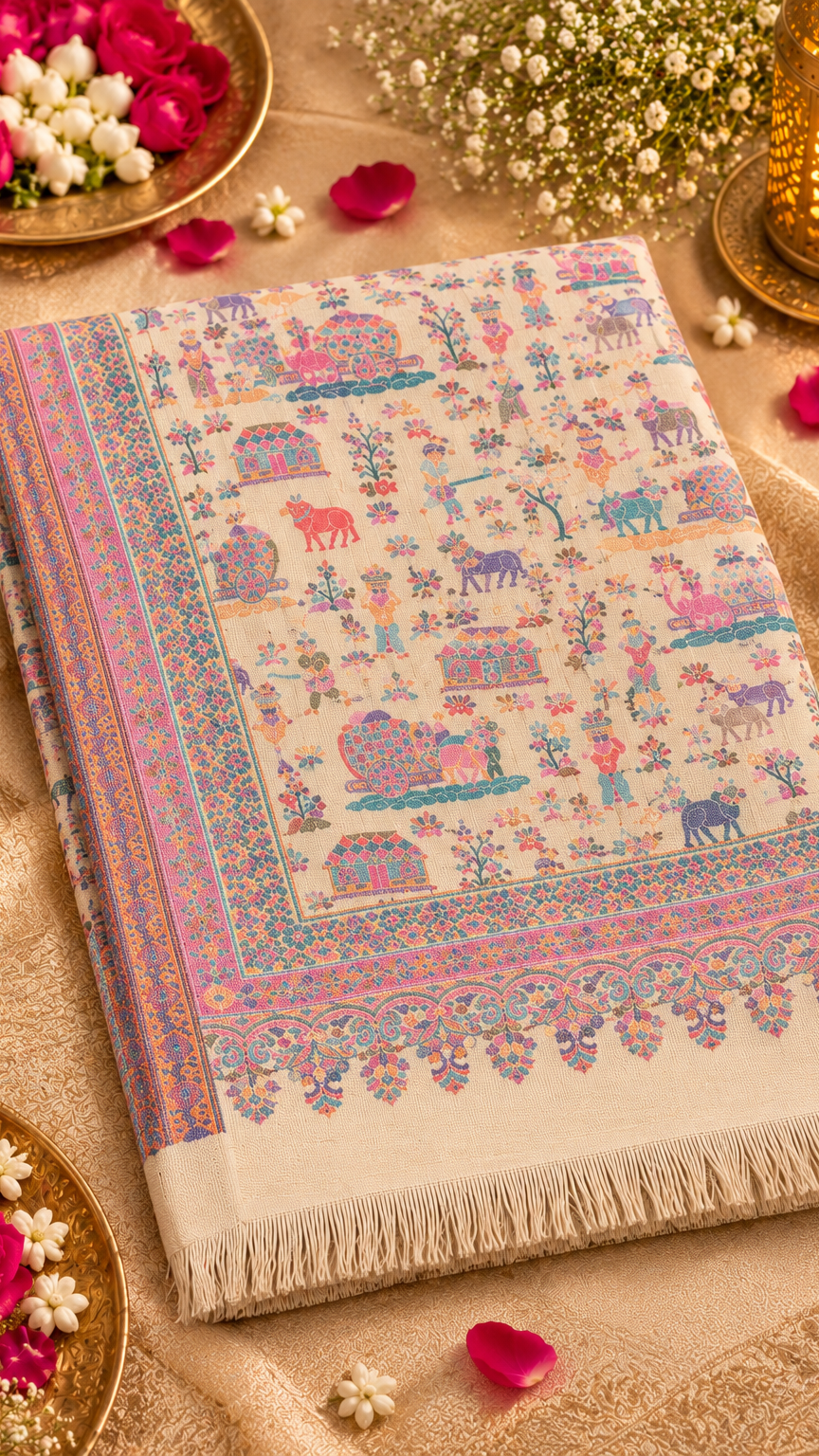 Traditional, Village Design Stole, Soft, Warm and Light Weight | Beige | REET by Bunaiganj