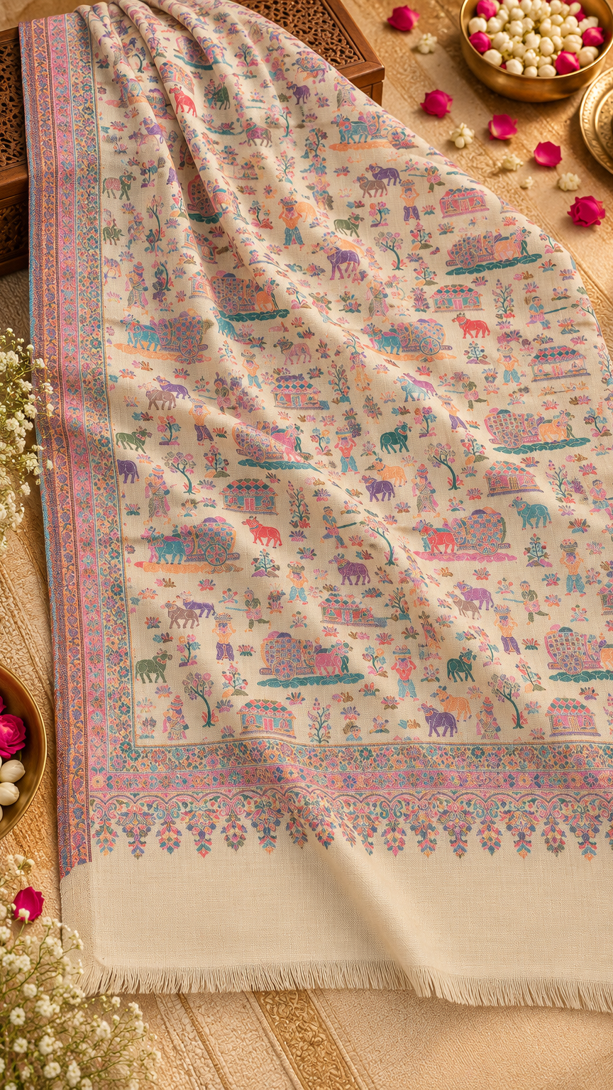 Traditional, Village Design Stole, Soft, Warm and Light Weight | Beige | REET by Bunaiganj