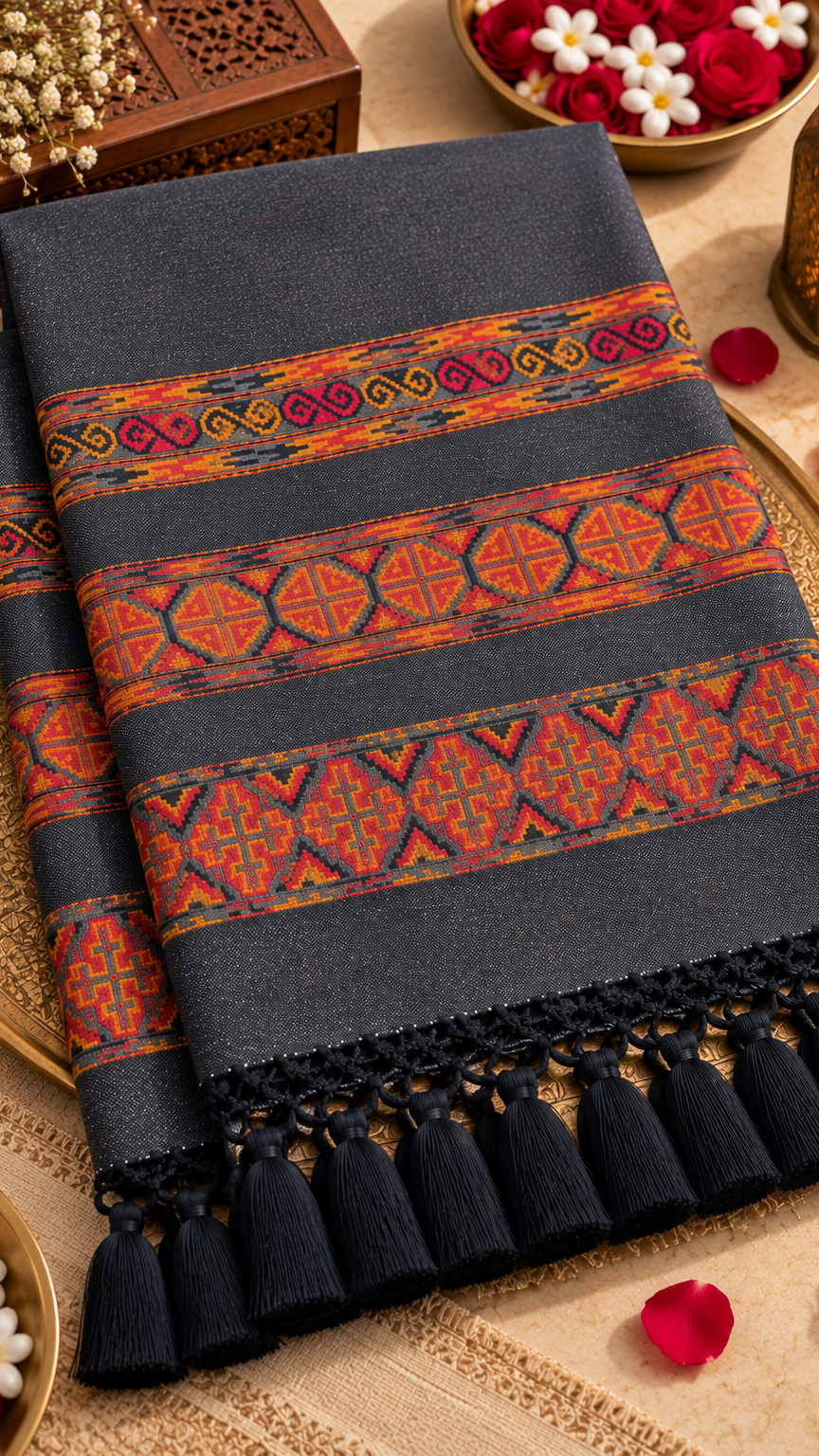 Kullu Border, Traditional, Ethnic, Warm Shawl | Gray | REET by Bunaiganj