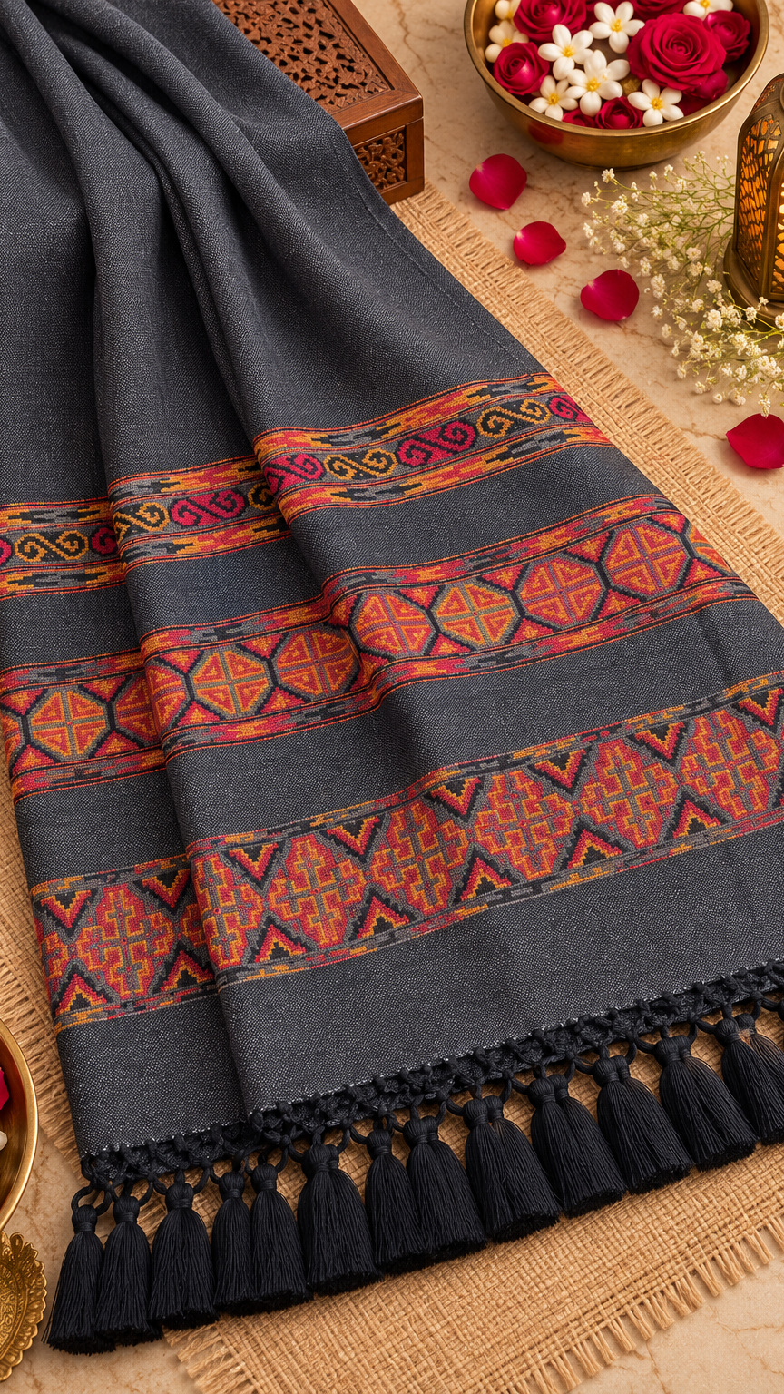 Kullu Border, Traditional, Ethnic, Warm Shawl | Gray | REET by Bunaiganj