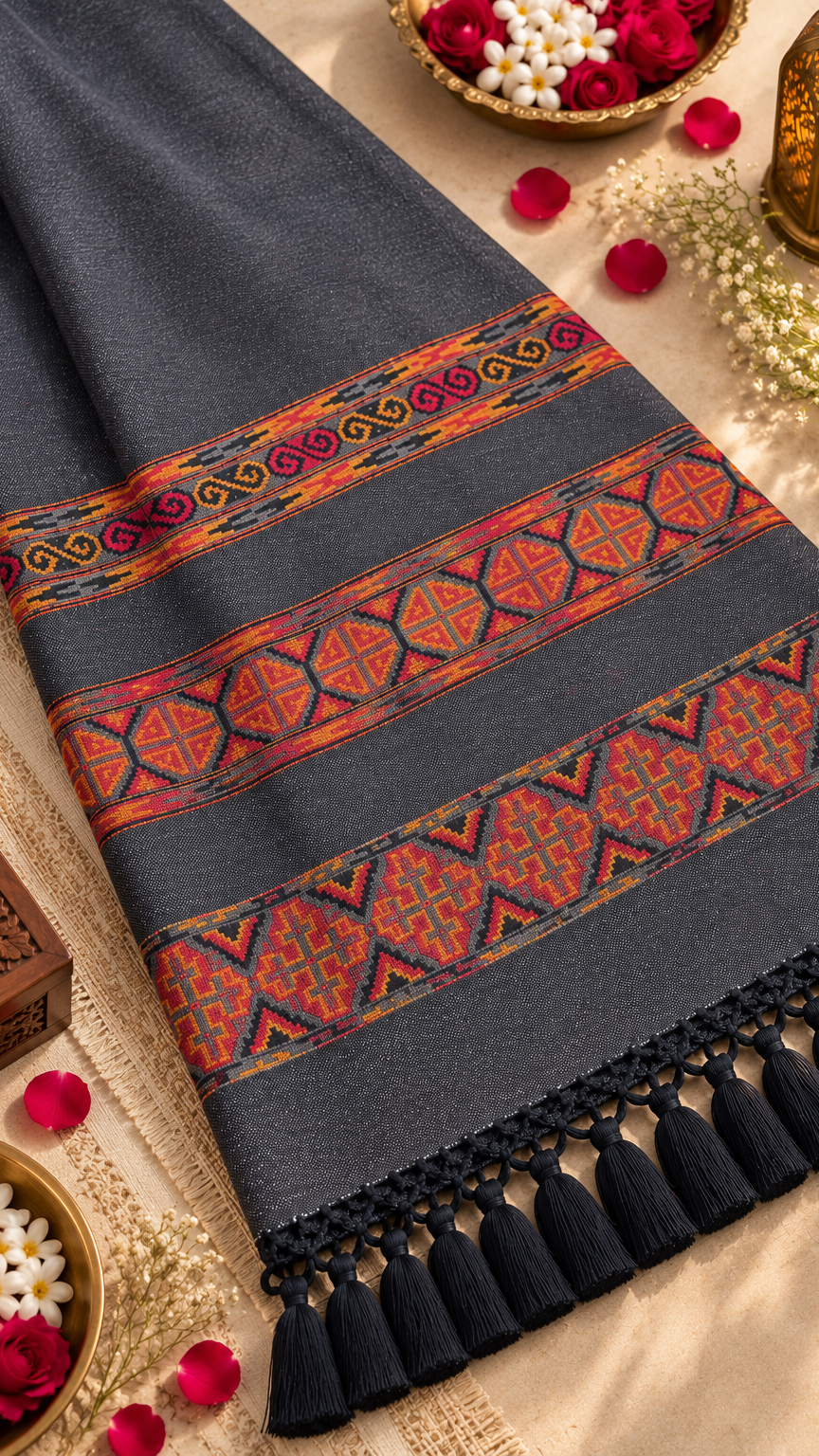 Kullu Border, Traditional, Ethnic, Warm Shawl | Gray | REET by Bunaiganj