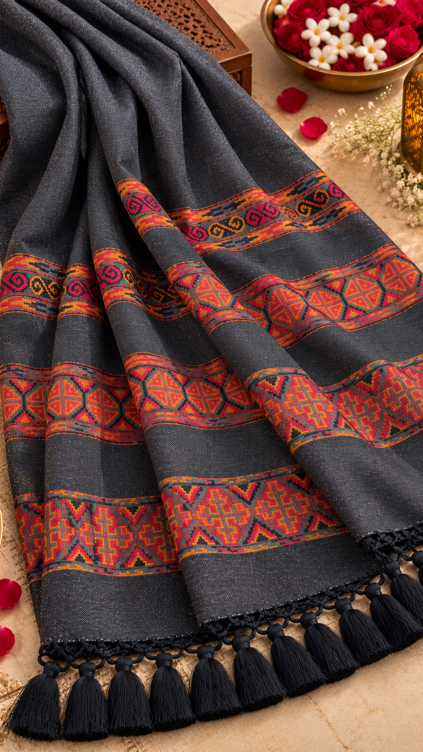 Kullu Border, Traditional, Ethnic, Warm Shawl | Gray | REET by Bunaiganj