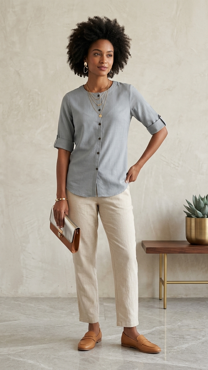 Woman wearing a light blue shirt and beige pants standing in a room with a plant and small table.