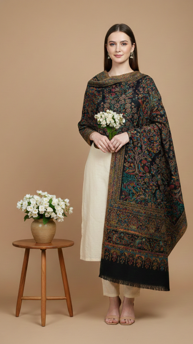 Woman wearing a patterned shawl over a plain outfit, standing next to a wooden stool with flowers on a beige background