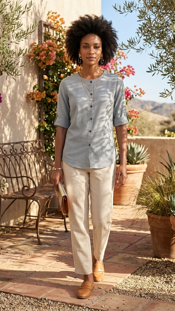 Woman standing outdoors in a garden setting with plants and flowers.
