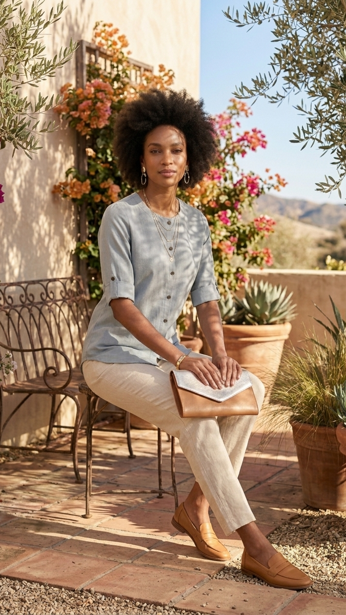 Woman sitting outdoors in a garden setting with plants and flowers.