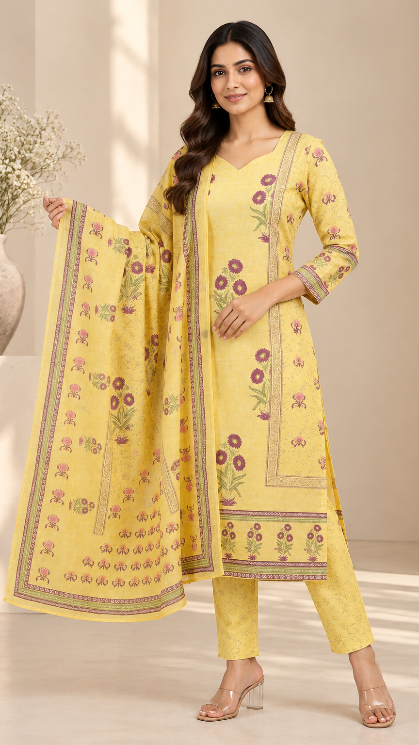 A woman models a yellow ethnic salwar kameez set with floral embroidery and a matching dupatta in a warm beige studio setting.