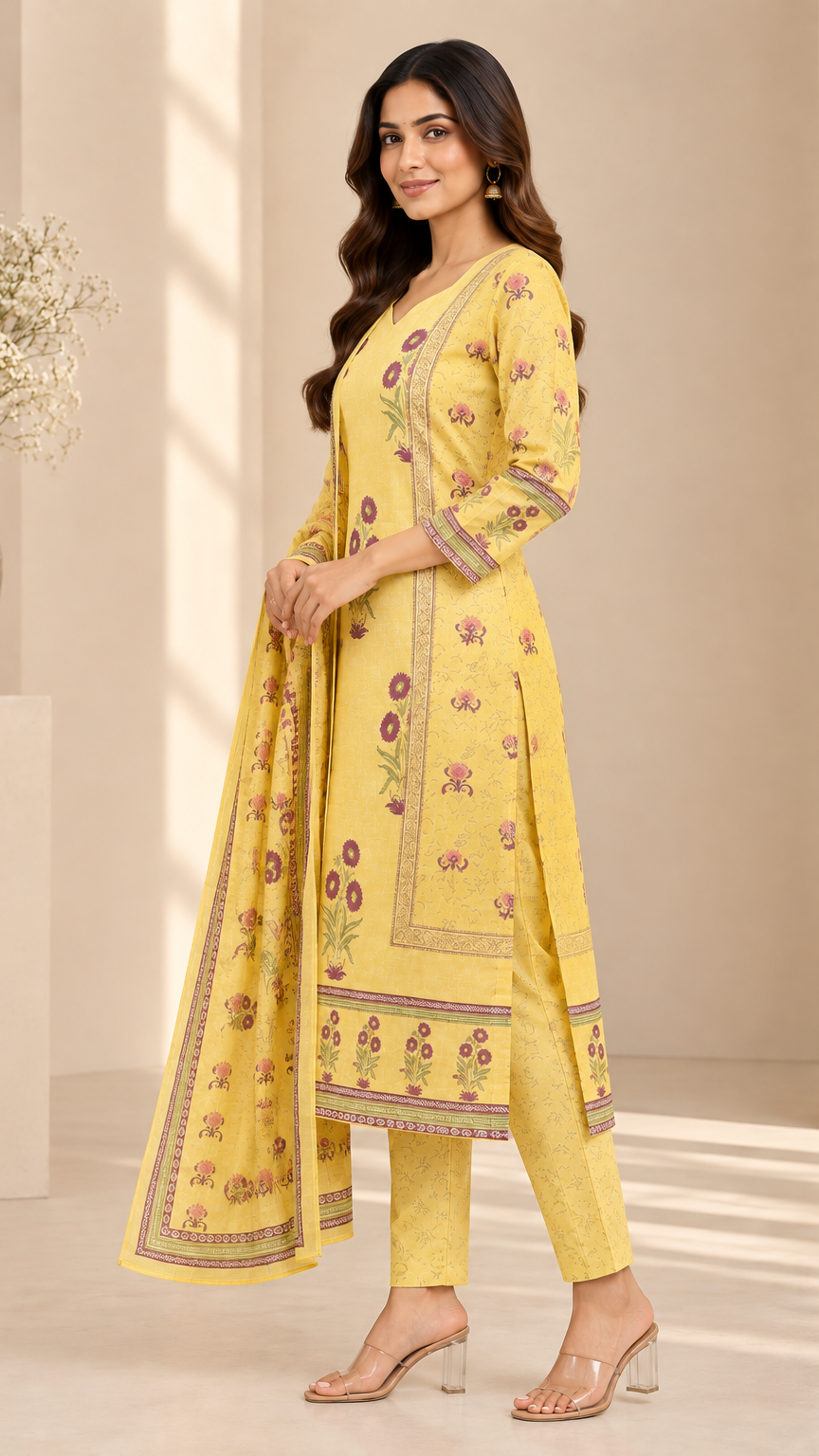 A woman modeling a yellow three-piece salwar kameez suit with floral prints and border embroidery, standing in a warm beige studio setting.