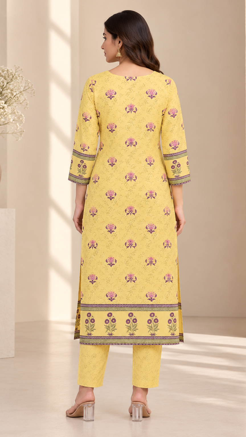 A woman stands with her back to the camera wearing a yellow traditional kurta set with pink floral embroidery and patterned borders, paired with matching yellow pants.