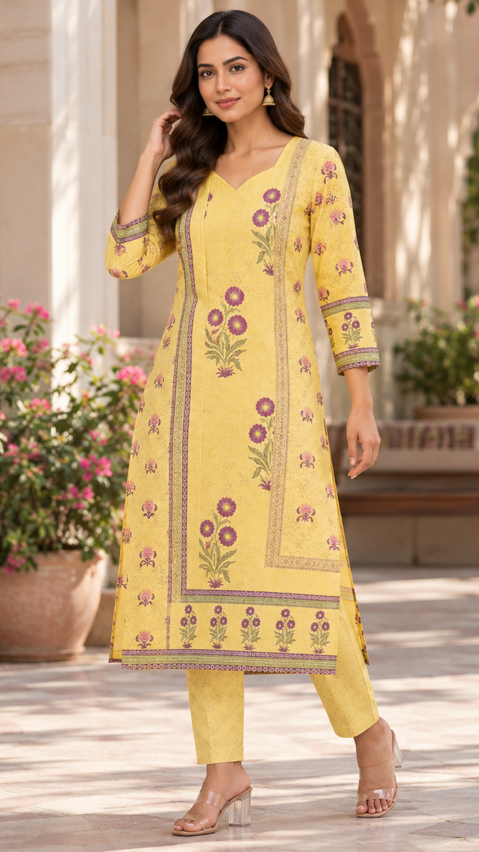 A woman models a yellow three-piece Indian ethnic suit set, featuring a long kurta with floral embroidery, matching trousers, and a dupatta, set against an outdoor courtyard background.