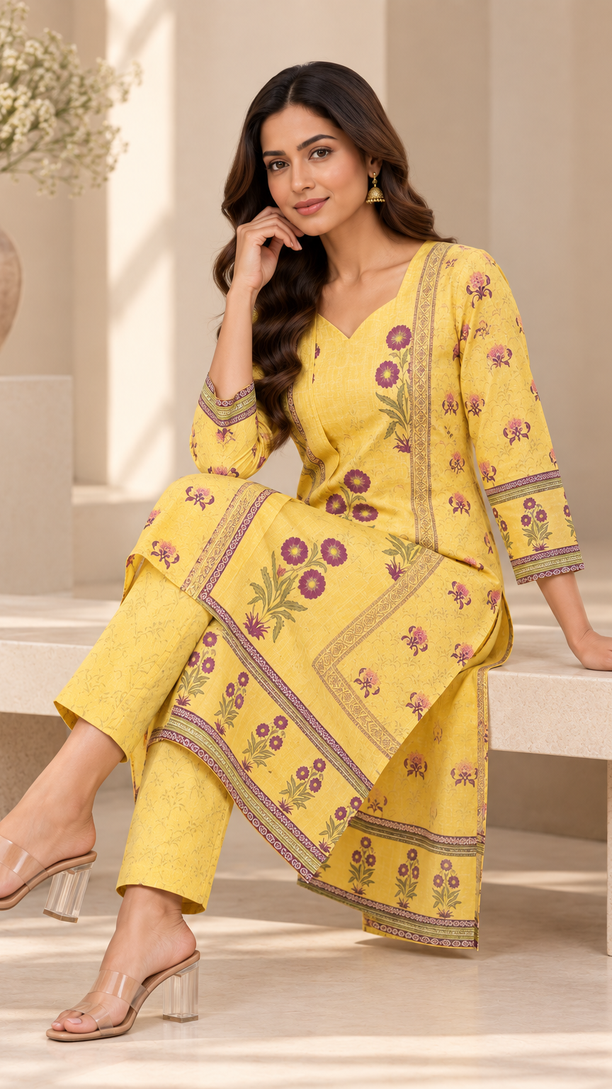 A woman models a yellow three-piece salwar kameez suit set with floral and geometric prints, sitting on a light-colored stone bench in a sunlit indoor setting.