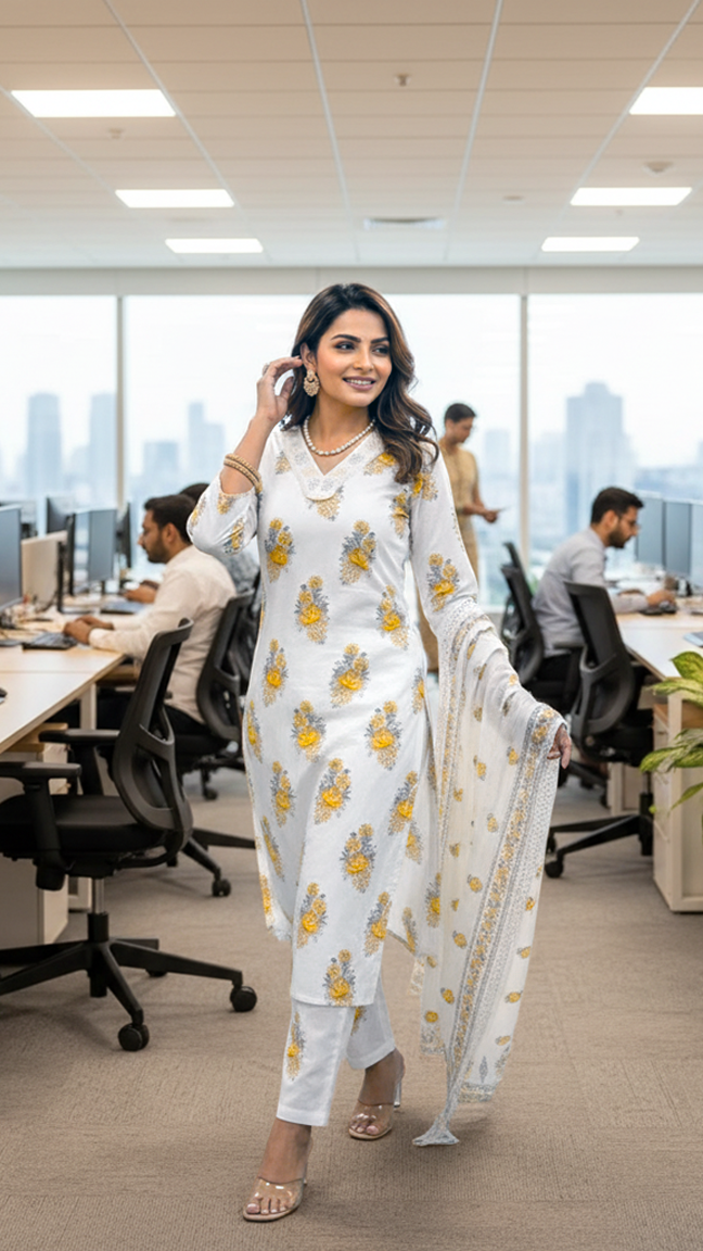 Woman in a white traditional outfit standing in an office with colleagues working