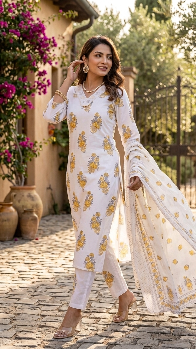 Woman in a white and yellow traditional outfit standing outdoors with flowers and a building in the background.