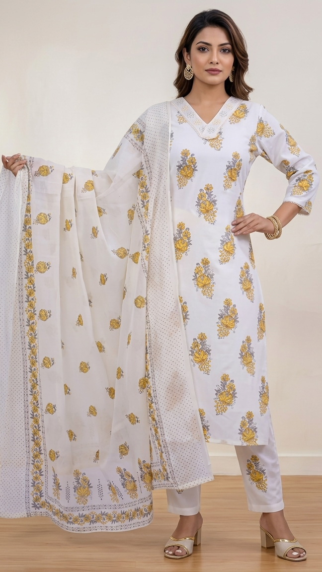 Woman wearing a white traditional outfit with yellow floral patterns on a plain background