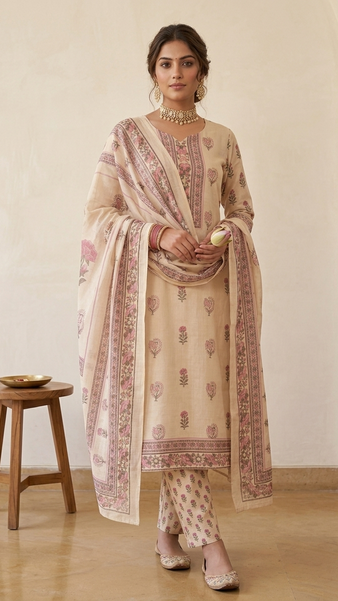 Woman in traditional outfit with floral patterns in a minimalistic setting