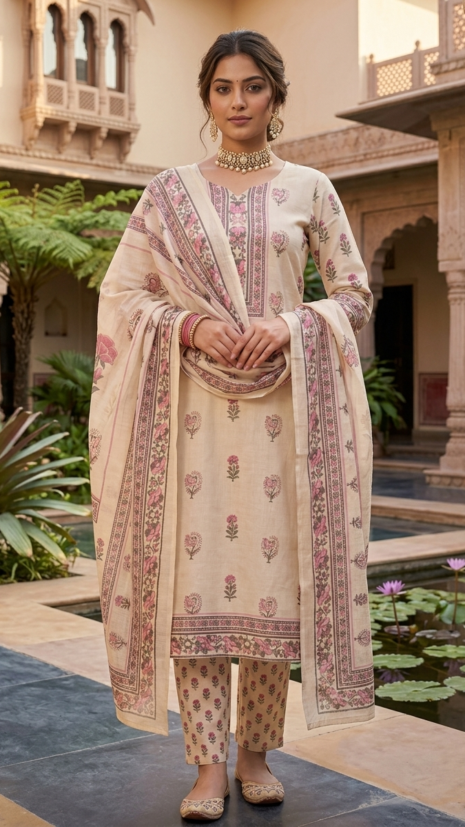 Woman in traditional embroidered outfit standing in a garden setting