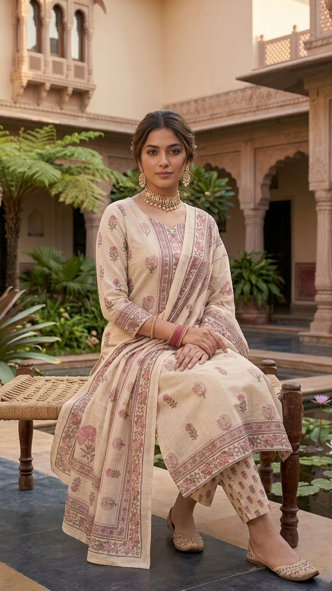 Woman in traditional attire sitting in a courtyard with architectural and garden elements.