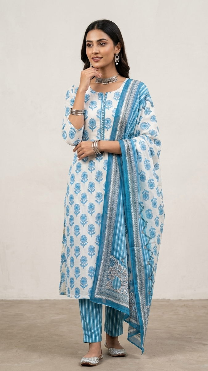 Kurti pant dupatta set featuring a sky blue kurti, matching pants, and a dupatta, perfect for festivals or casual wear.
