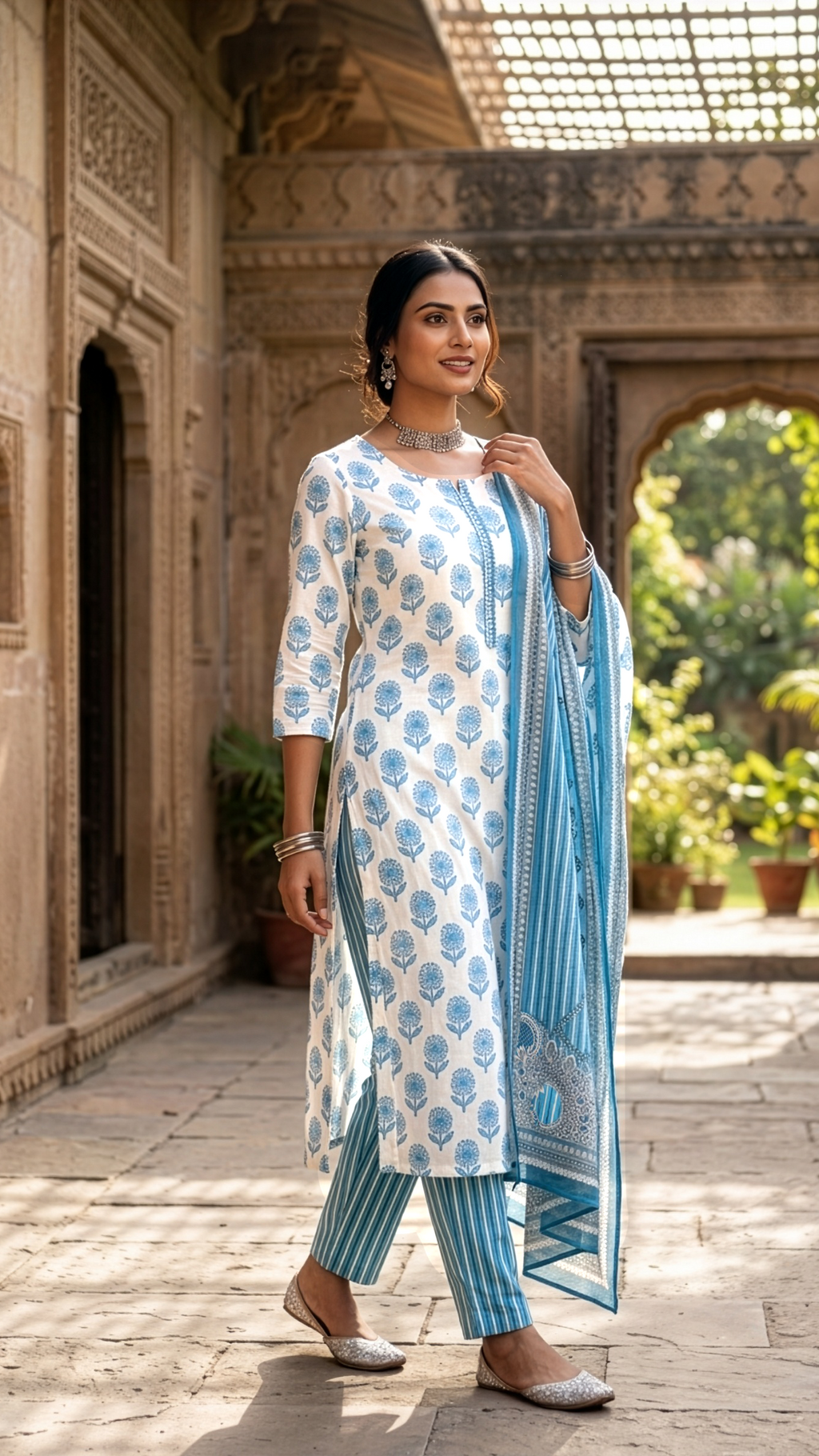 Kurti pant dupatta set showcased on a model, featuring a sky blue kurti, matching pants, and elegant dupatta.