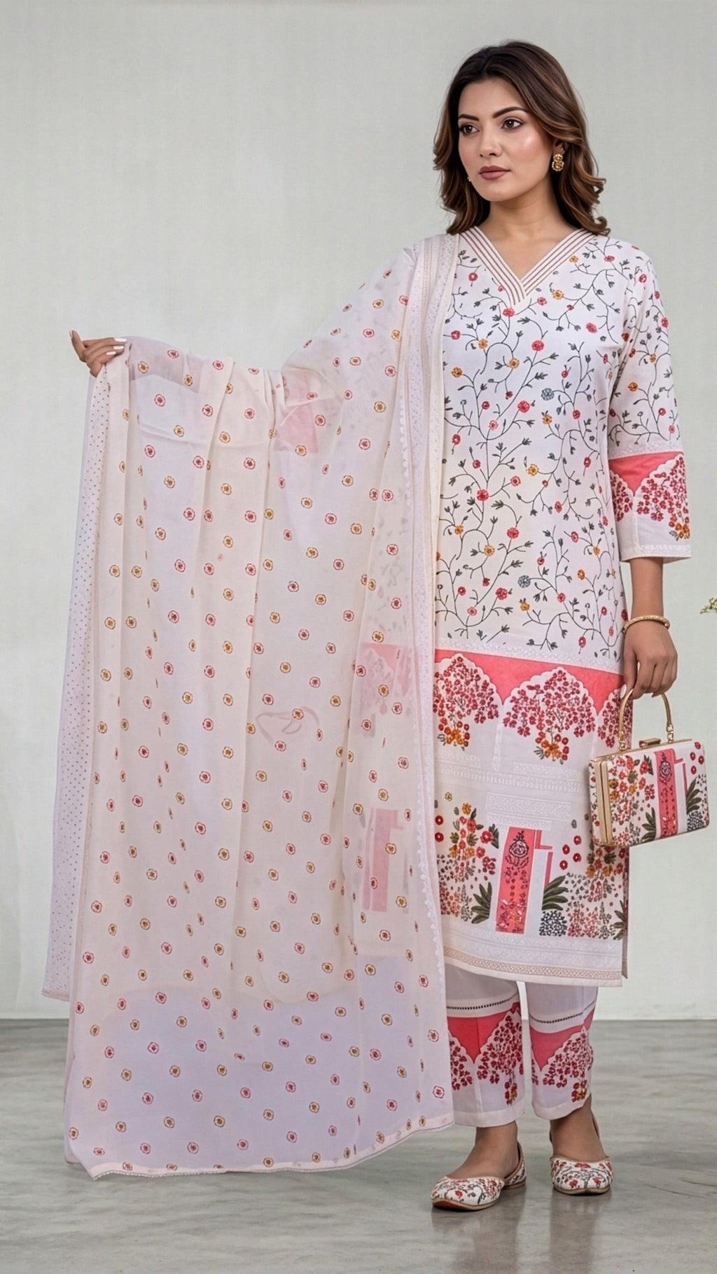 Model showcasing a 3 piece kurti set with kurti, pant, and dupatta by REET, perfect for ethnic wear.