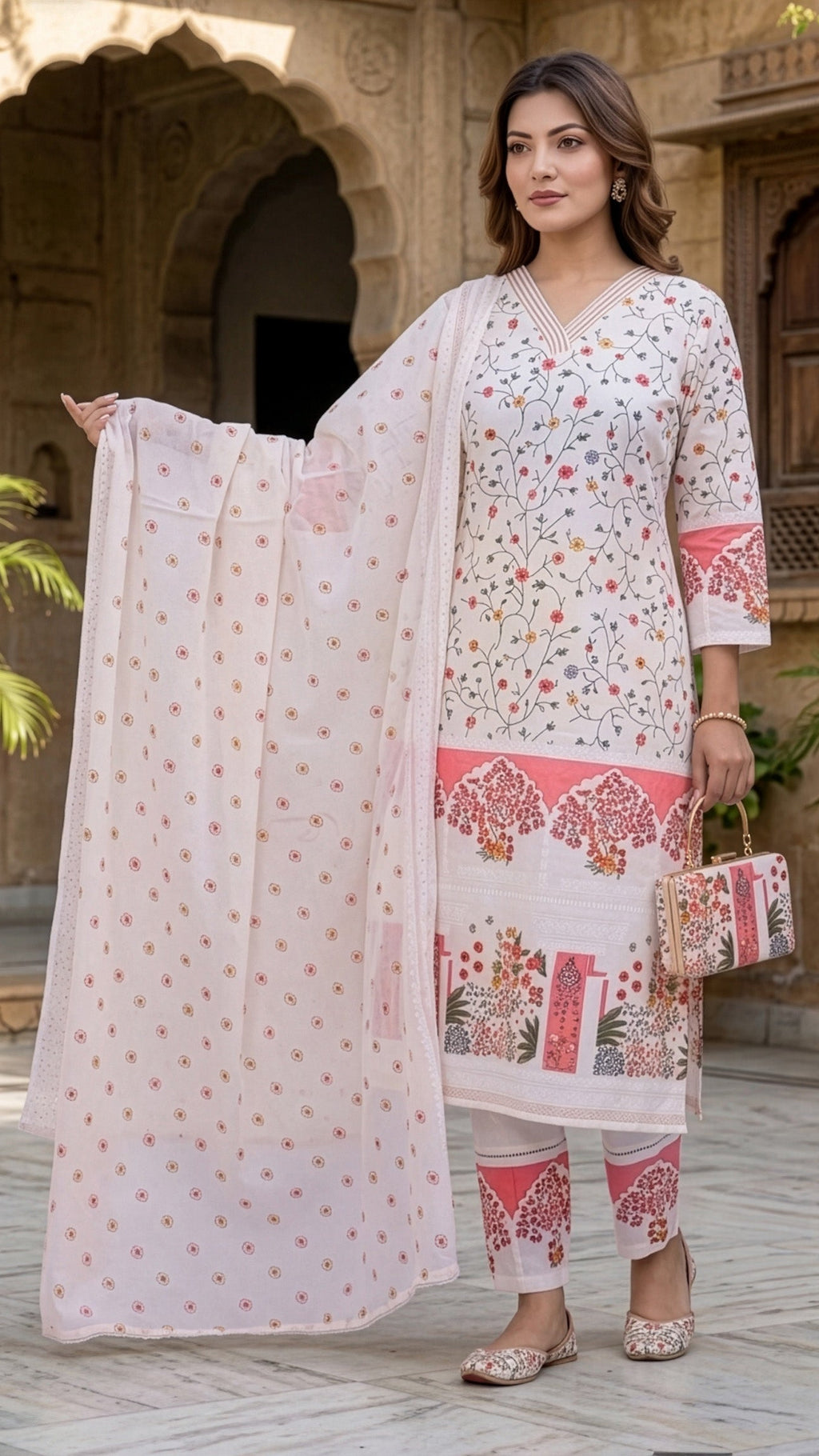 Elegant woman wearing a 3 piece kurti set with floral patterns, paired with matching pant and dupatta, ideal for ethnic occasions.