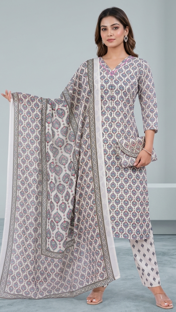 Model showcasing a 3 piece kurti set with matching pants and dupatta from REET by Bunaiganj in stylish ethnic design.