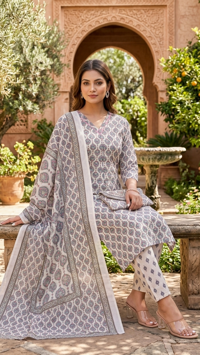 Elegant model wearing a 3 piece kurti set with kurti, pant, and dupatta in a sunny outdoor setting.