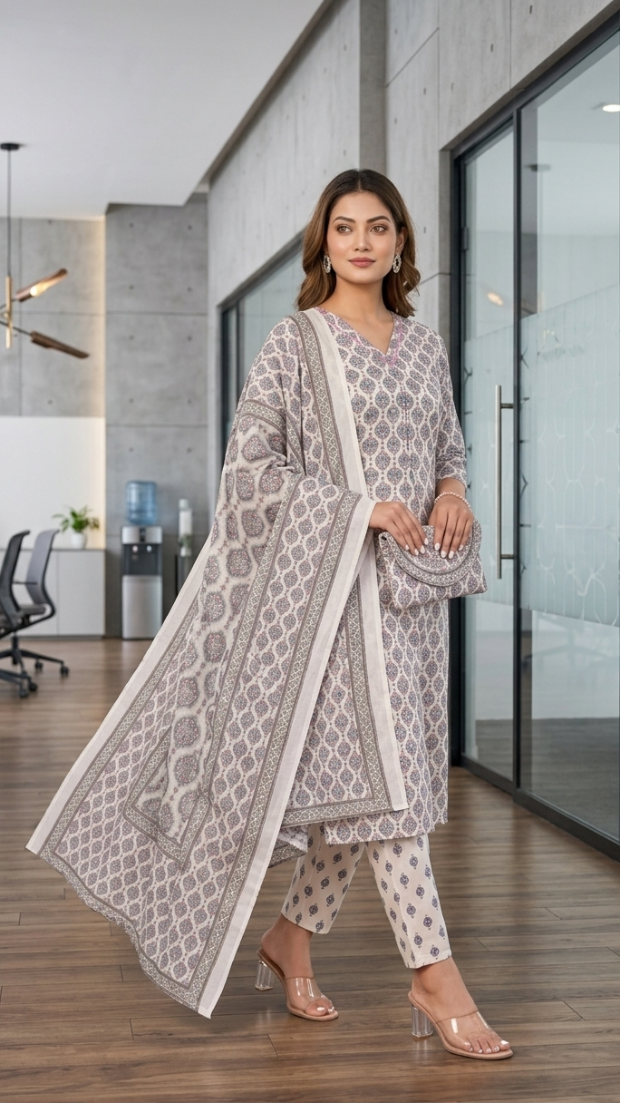 Model showcasing 3 piece kurti set with beautiful kurti, matching pant, and dupatta in an elegant modern office setting.